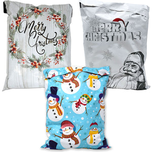 10x13 Merry Christmas Combo! Santa, Snowmen and Wreath Poly Mailers, Festive Graphite Art Flat Self Seal Shipping Mailing Mail Postal bags