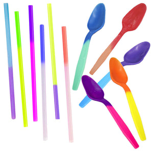 Color Changing Party Spoons & Straws Combo! Reusable Plastic Drinking Favors New - ShipNFun