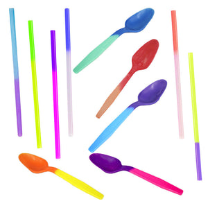 Color Changing Party Spoons & Straws Combo! Reusable Plastic Drinking Favors New - ShipNFun