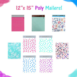 12" x 15" Designer Poly Mailers, Pink,Teal, Polka Dots,Hearts Flat Shipping Bags - ShipNFun