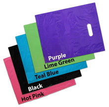 3 Sizes, 30 Pack Plastic Merchandise Bags, 9x12, 12x15, 15x18x4" Pink, Teal, Blue, Lime, Purple, Black Assorted Gift Combo w/Die Cut Handles