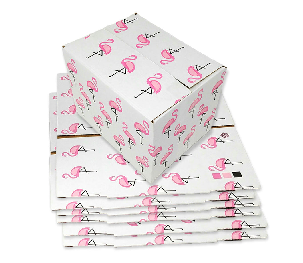 6 Pack 8x6x6" Pink Flamingo Designer Boxes, Recyclable, Reusable Shipping Favor Boxes for Gifts, Cute Party Cardboard Paper 32 lb Test Boxes