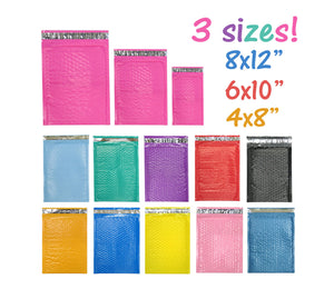 All 3 Sizes! 4x8, 6x10 8x12 Colored Poly Bubble Mailers, Pink, Purple, Teal Green, Pastel Colored Bubble Padded Shipping Mailing Envelopes