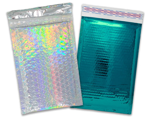 100 pack 4x8" Holographic and/or Teal Combo Metallic Bubble Mailers, Padded Self Sealing Shipping Envelopes, Size #000 Shiny Reflective