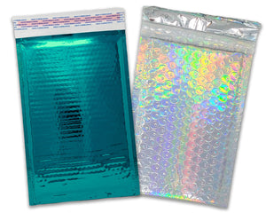 100 pack 4x8&quot; Holographic and/or Teal Combo Metallic Bubble Mailers, Padded Self Sealing Shipping Envelopes, Size #000 Shiny Reflective