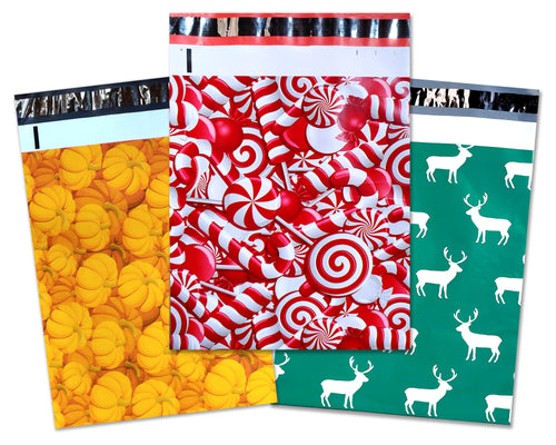 Fall, Winter Collection Theme Poly Mailers Combo, Pumpkin, Candy Cane, Reindeer, Flat Self Seal Shipping Mailing Business Postal bags