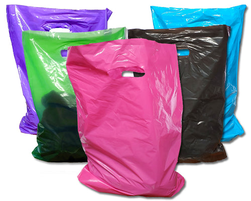 15x18 Inch Large Plastic Merchandise Bags, Pink, Teal, Blue, Lime, Purple, Black Combo Plastic w/Die Cut Handles, Colored Retail Gift Sack