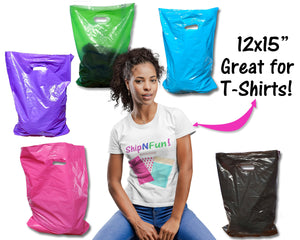 3 Sizes, 30 Pack Plastic Merchandise Bags, 9x12, 12x15, 15x18x4" Pink, Teal, Blue, Lime, Purple, Black Assorted Gift Combo w/Die Cut Handles