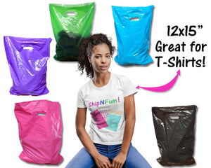 100 Pack Plastic Merchandise Bags, 3 Sizes, 9x12, 12x15, 15x18x4" Pink, Teal, Blue, Lime, Purple, Black Colorful Combo w/Die Cut Handles