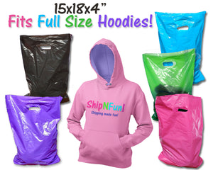 100 Pack Plastic Merchandise Bags, 3 Sizes, 9x12, 12x15, 15x18x4" Pink, Teal, Blue, Lime, Purple, Black Colorful Combo w/Die Cut Handles