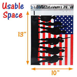 10x13 & 12x15.5 inch USA Flag Soldier Poly Mailers, Patriotic Self Sealing Shipping Bags, Military Mailing Envelopes, Red White Blue 12x15