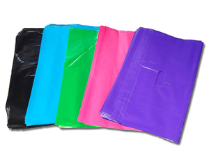 100 Pack Plastic Merchandise Bags, 3 Sizes, 9x12, 12x15, 15x18x4" Pink, Teal, Blue, Lime, Purple, Black Colorful Combo w/Die Cut Handles