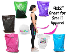 100 Pack Plastic Merchandise Bags, 3 Sizes, 9x12, 12x15, 15x18x4" Pink, Teal, Blue, Lime, Purple, Black Colorful Combo w/Die Cut Handles