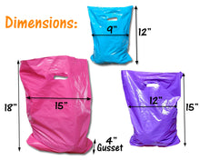 100 Pack Plastic Merchandise Bags, 3 Sizes, 9x12, 12x15, 15x18x4" Pink, Teal, Blue, Lime, Purple, Black Colorful Combo w/Die Cut Handles