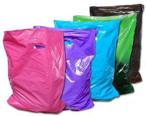 100 Pack Plastic Merchandise Bags, 3 Sizes, 9x12, 12x15, 15x18x4" Pink, Teal, Blue, Lime, Purple, Black Colorful Combo w/Die Cut Handles