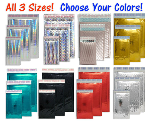 All 3 Combo Pack, Metallic Bubble Mailers 8x12, 6x10, 4x8 3 Sizes Assorted Lot, Strong Seal Designer Colored Mailing FUN Shipping Envelopes