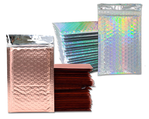 4x8" Holographic and Sunset Peach Metallic Bubble Mailers, Padded Self Sealing Shipping Envelopes, Size #000 Shiny Reflective Durable Mailer