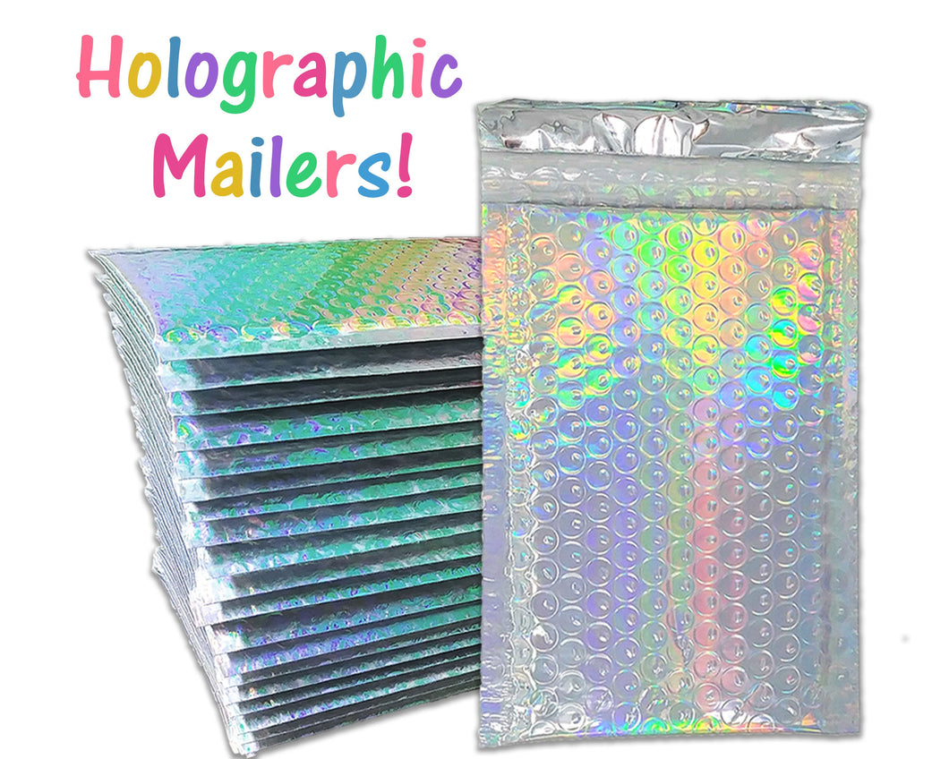 100 HOLOGRAPHIC Metallic Bubble Mailer 4x8 Self Seal Adhesive #000 Lightweight Protective Padded Wrap Designer Shipping Supply Envelopes