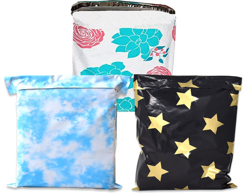 19x24 Inch Extra Large Poly Mailers, Clouds, Black Gold Stars, Spring Flowers Combo  Unpadded Sealing Shipping Bags, Inner lining Envelopes