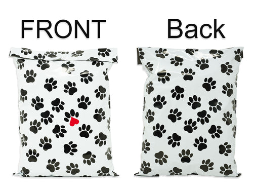 Adorable 10x13 Cute Puppy Paw Print Design Poly Mailers with Loving Heart, Irresistable Charming Black, White Dog Animal lover, Mail Bags!